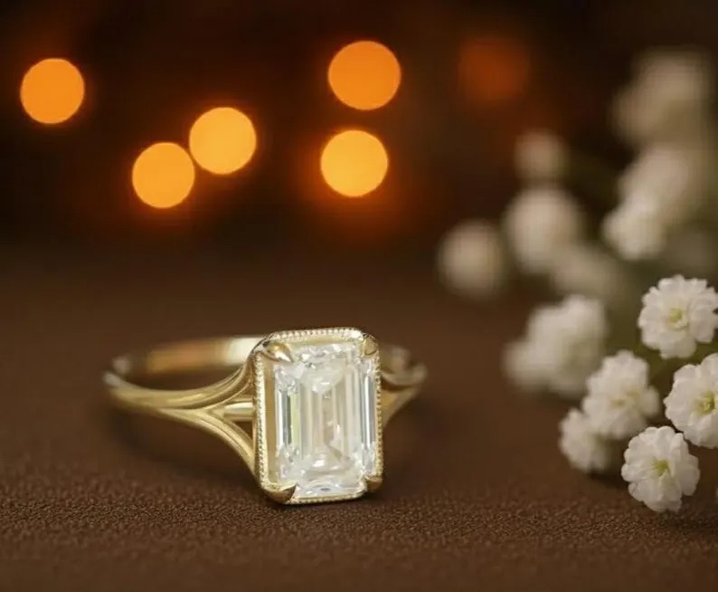 Emerald Cut Moissanite Solitaire Ring, Dainty 14K Gold Split Shank Ring, Diamond Solitaire Bridal Promise Ring, Anniversary Gift For Women
