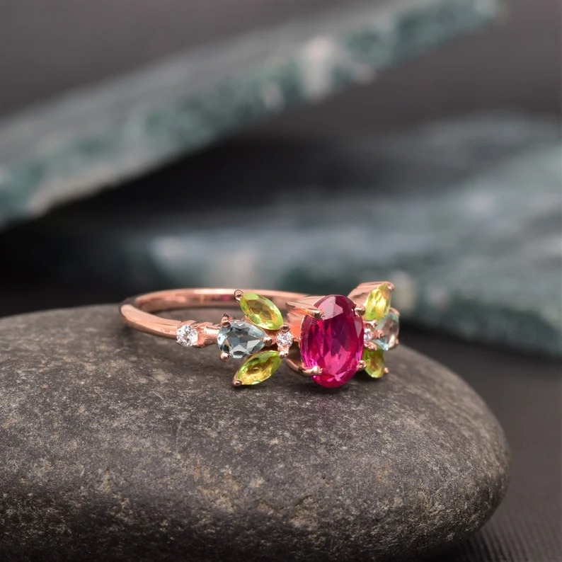 Beautiful Ruby Peridot Engagement Ring, 925 Solid Sterling Silver Ring, Ruby Cluster Ring, Ruby Aquamarine& peridot Ring Multi Gemstone Ring