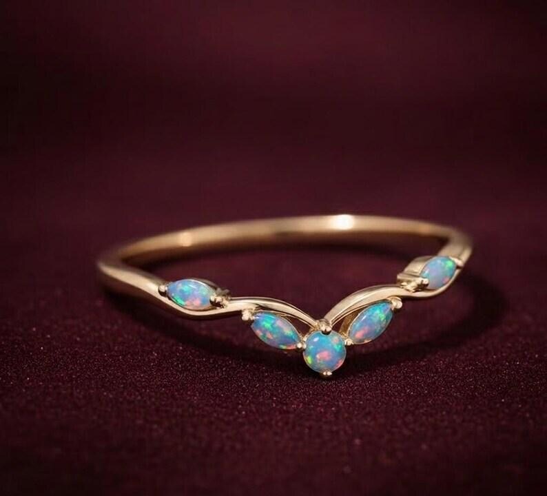 Delicate Opal Vintage curved wedding band Unique rose gold Marquise Art deco Matching stackable Opal ring Women Dainty bridal Promise Rings