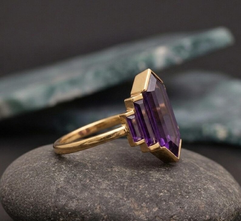Hexagon Cut Purple Amethyst Ring, Unique Rose Gold Engagement Ring, Baguette Cut Ring Bezel Set Ring Vintage Bridal Wedding Anniversary Ring