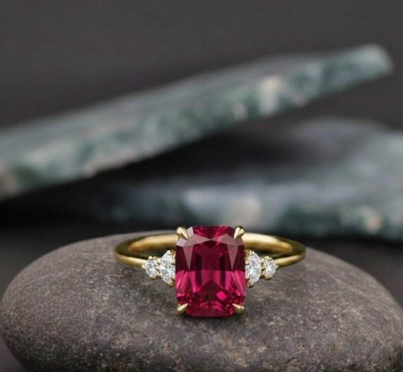 Ruby Engagement Ring, 14k Solid Gold Ring, Cushion Cut Red Gemstone Gold Ring with Diamond Accents, Vintage Inspired Promise Ring for Women