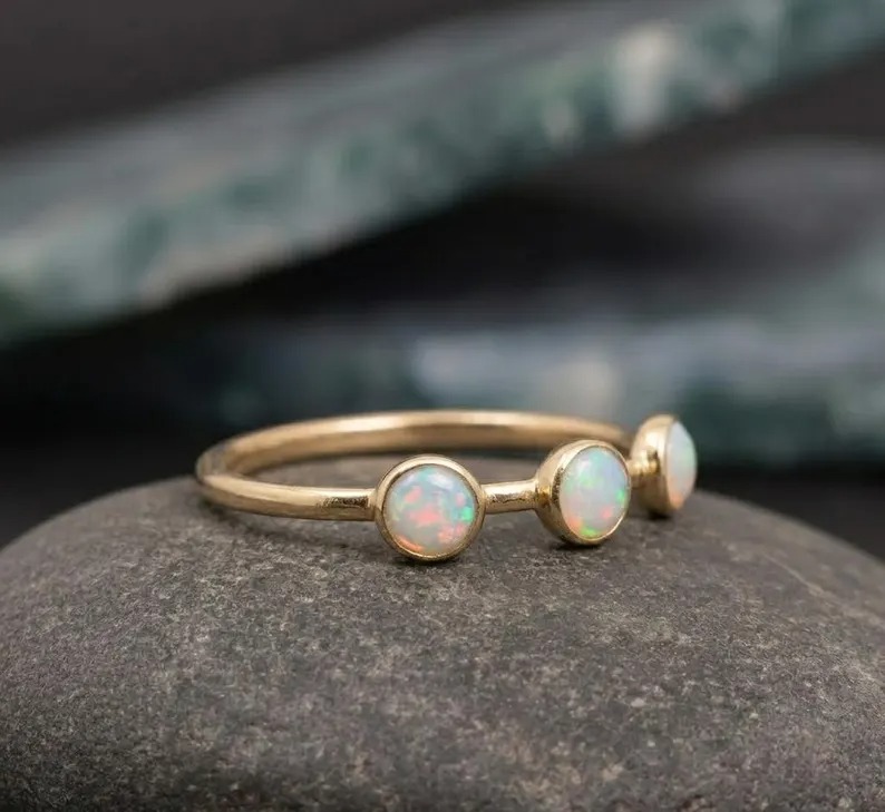 Round Opal Wedding Band, Rose Gold Vintage Round Fire Opal Stackable Matching Band, Art Deco Half Eternity Band, Anniversary Ring For Women