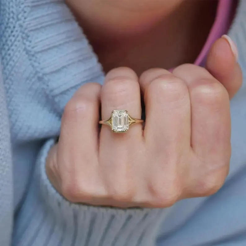 Emerald Cut Moissanite Solitaire Ring, Dainty 14K Gold Split Shank Ring, Diamond Solitaire Bridal Promise Ring, Anniversary Gift For Women