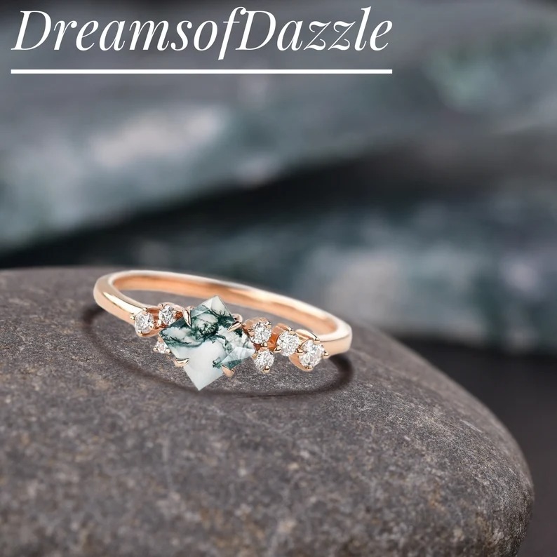 Natural Princess Cut Moss agate ring, Vintage Unique princess cut green moss agate engagement ring, Antique Bridal promise wedding ring
