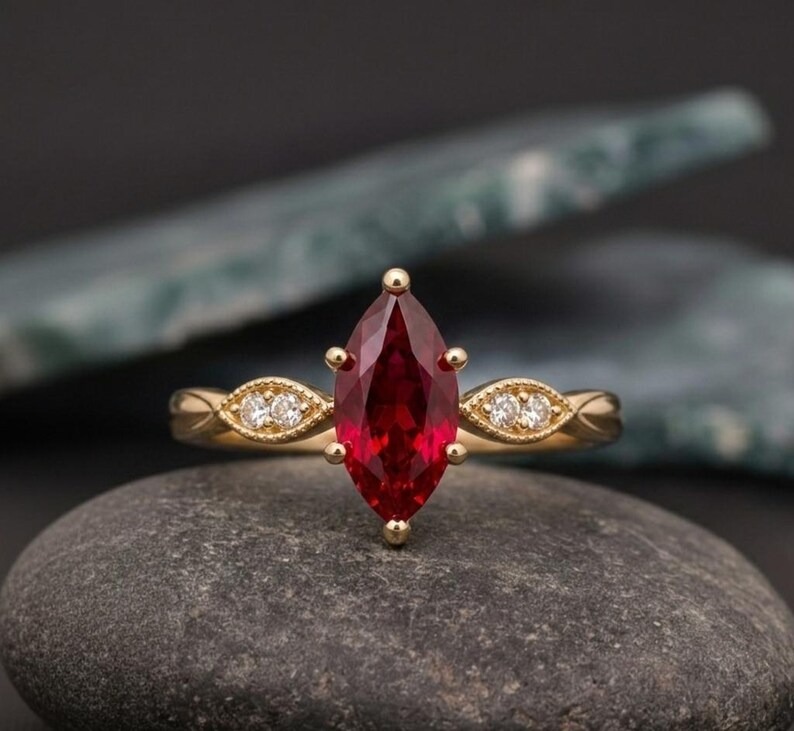 Marquise Ruby Ring Gold | Vintage Engagement Ring | Ruby Diamond Ring | Handmade Dainty Bridal Ring | Unique Gemstone Jewelry Gift for Her