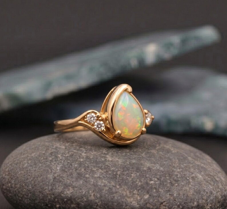 Opal Ring-14k Solid Gold Ring, Pear Cut White Gemstone Gold Ring with Diamond Accents, Vintage Opal Promise Ring for Women, Bridal Jewelry