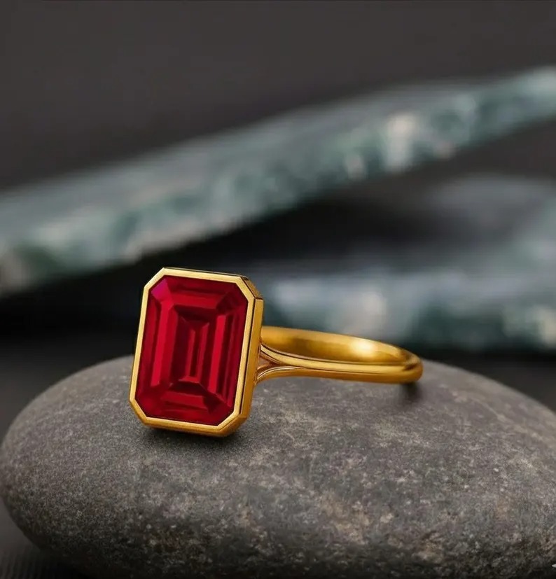 Emerald Cut Bezel Set Solitaire Single Stone Ring, Delicate Red Gemstone Ring, Bezel Set Engagement Ring, July Birthstone Jewelry Gift Her