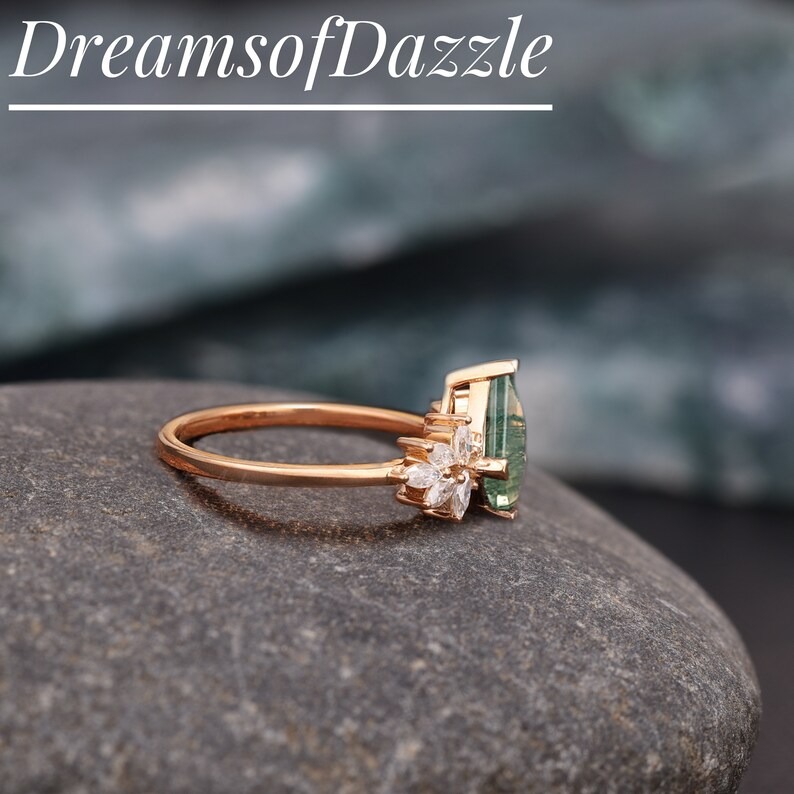 Vintage Kite Cut Moss Agate Engagement Ring, Unique 14k Cluster Marquise Moissanite Ring, Delicate-Stacking Ring, Anniversary Gift For Her