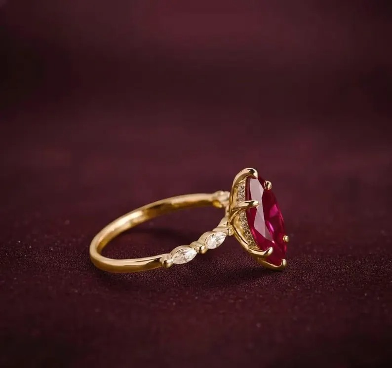 Ruby Ring, Marquise Cut Ruby Engagement Ring, Hidden Halo Weeding Ring With Marquise Side CZ Accent Ring, Anniversary & Bridal Gift For Her