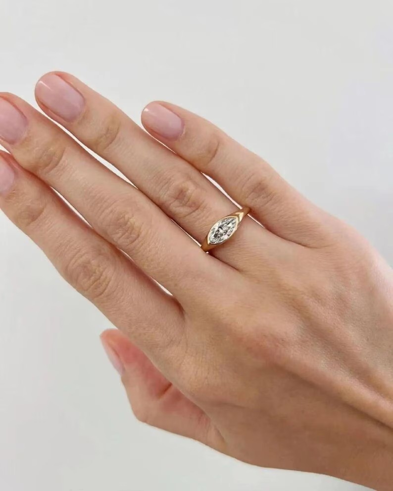 Marquise Moissanite Ring: East-West Sterling Silver Signet, Bezel Set Diamond wedding ring, Promise Ring Diamond Solitaire Delicate Ring