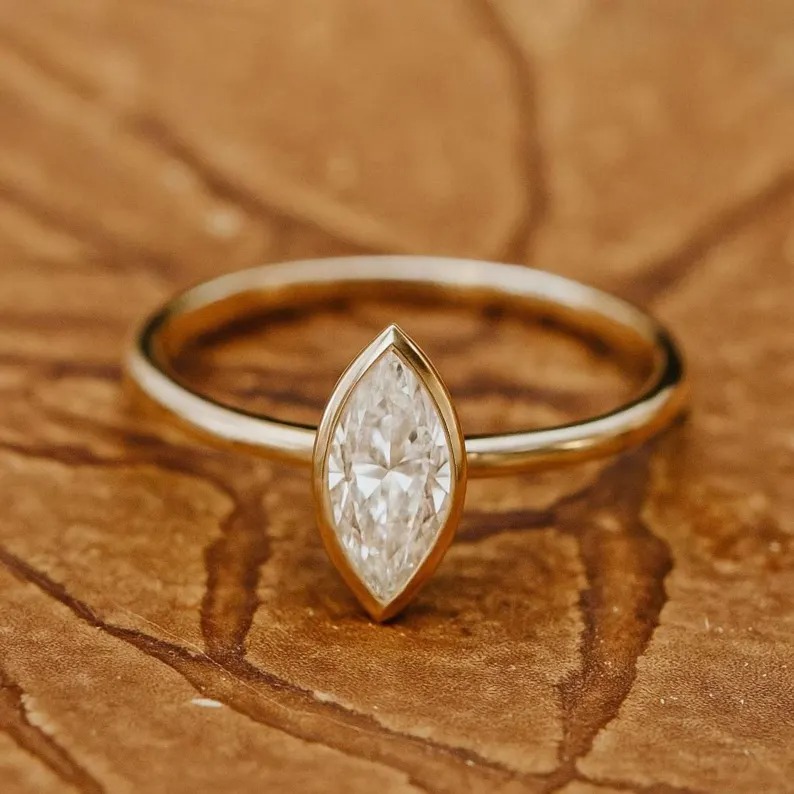 Marquise Cut Moissanite Engagement Ring, Diamond Wedding Ring, 14k Solid Gold Solitaire Bezel Set Anniversary Gift, Single Stone Bridal Gift