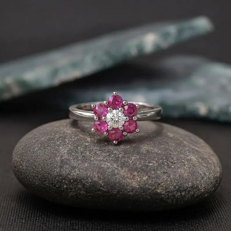 Floral Ruby Cluster Ring in Rose Gold, Flower Design Engagement Ring, Minimalist Ruby Flower Ring, Lotus Ring, Anniversary Gift For Her