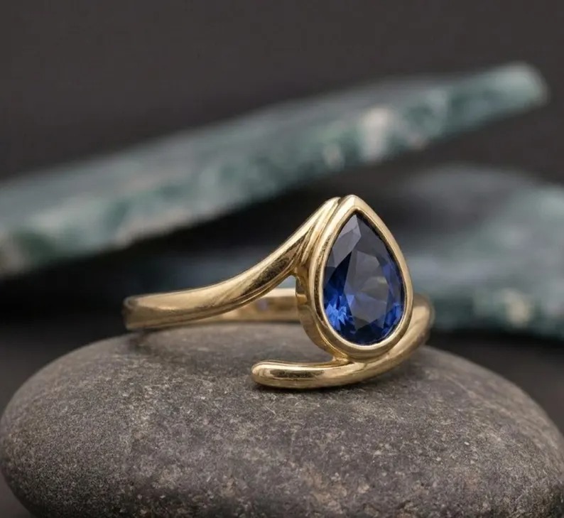 Blue Sapphire Engagement Ring, Dainty Promise Ring Stacking Band, Pear Shape Ring, Vintage Blue Anniversary Gift for Her, September Gemstone