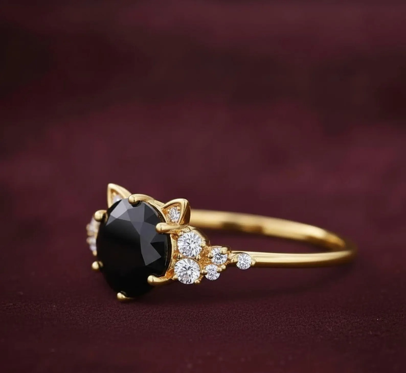 Unique Cat Ring Black Gemstone Rose Gold Ring, Unique Cat Lover Gift, Round Black Onyx Diamond Engagement Ring, Cat Ear Promise Ring for Her