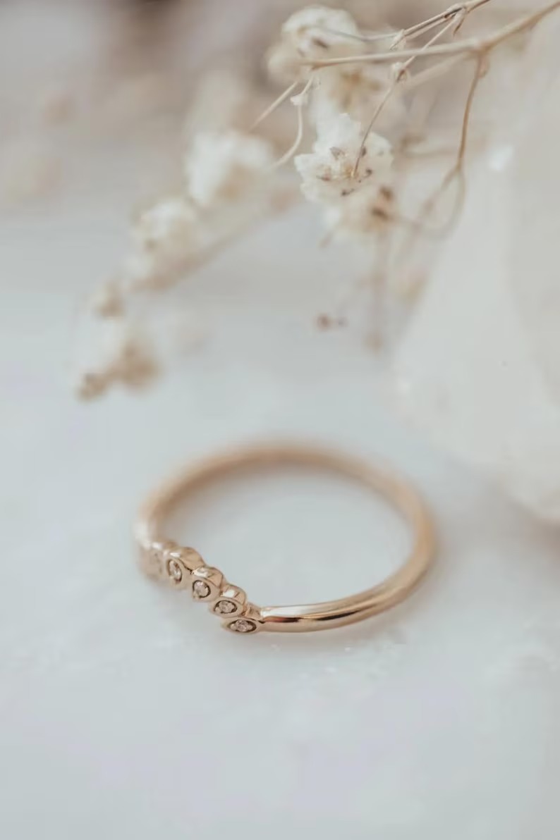 Round Moissanite Curved Band, 14k Solid Gold Cluster Wedding Band, Half Eternity Chevron Unique Band, Anniversary Proposal Gift Ring For Her