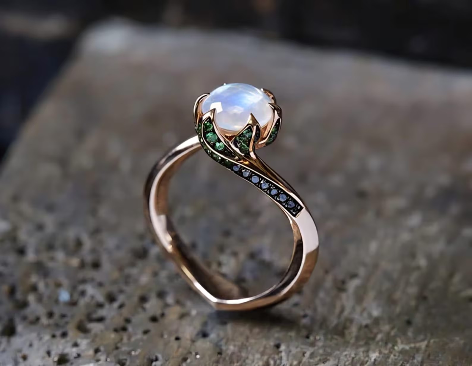 Natural Moonstone Ring, Round Cut Moonstone Engagement Ring with Green And Black Gemstone Accents, Unique Gold Ring, Nature Inspired Ring