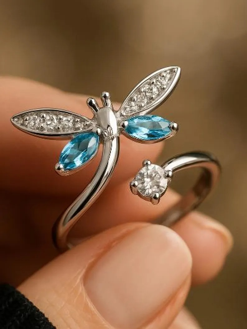 Dragonfly Adjustable Ring, Blue Marquise Stone Ring, Silver Dragonfly Ring, Nature Inspired Ring, Minimalist Adjustable Ring, Gift For Her