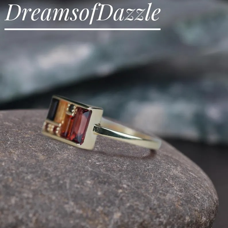 Unique Multi Gemstone Box Ring 14K Solid Gold Baguette Garnet Statement Ring, Art Deco Engagement Ring, Fine Jewelry Valentines Gift For Her