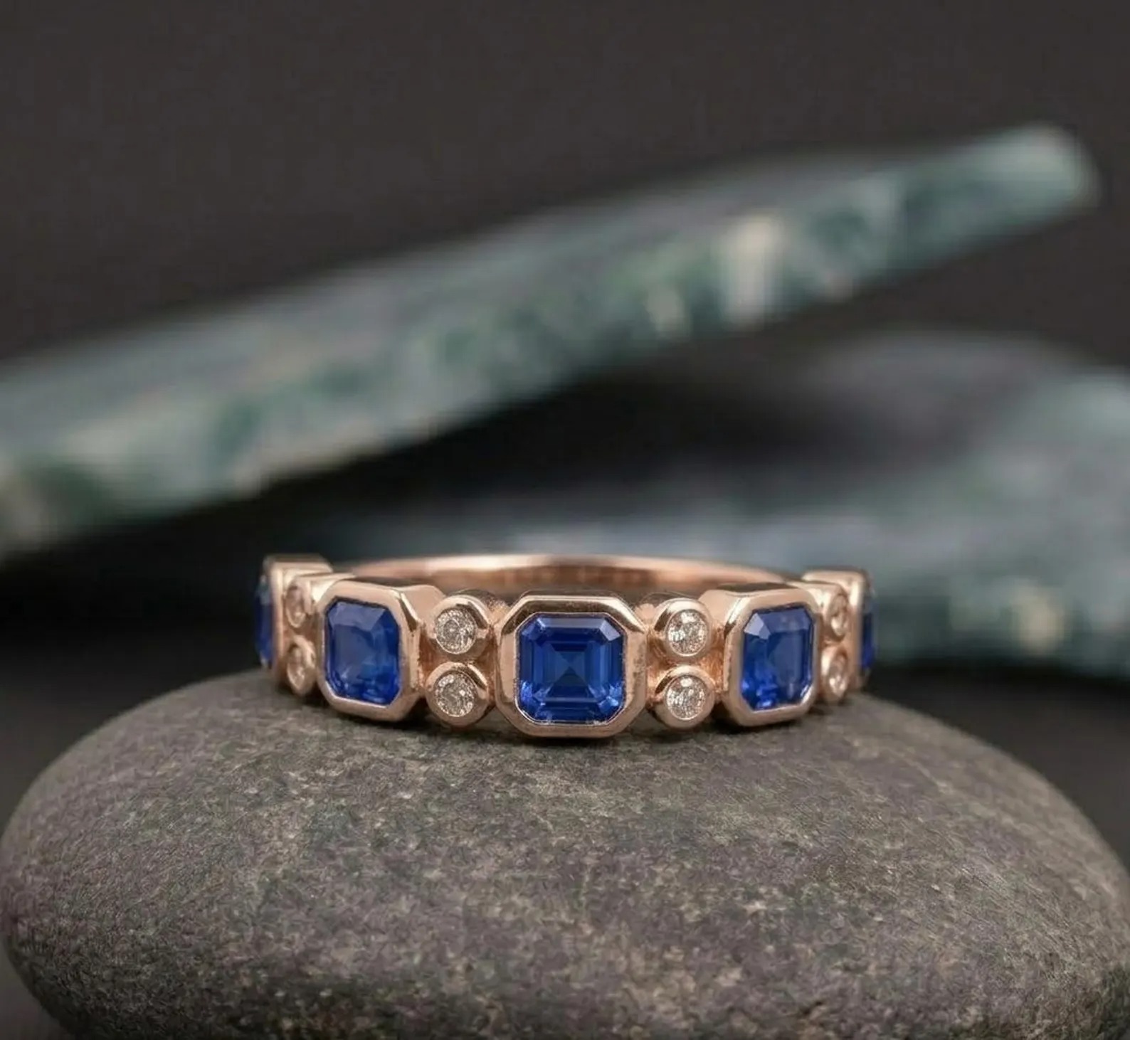 Princess Cut Sapphire Wedding Band, Blue Gemstone Jewelry, Dainty Promise Ring, Half Eternity Stacking Matching Band, Bridal Ring for Women