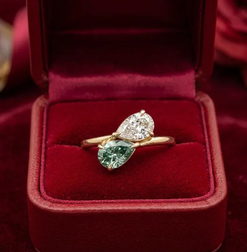 Vintage Toi Et Moi Engagement Ring, Green Tourmaline & Pear Moissanite Ring, 14k Gold Promise Ring, Two Stone Wedding Ring, Anniversary Gift
