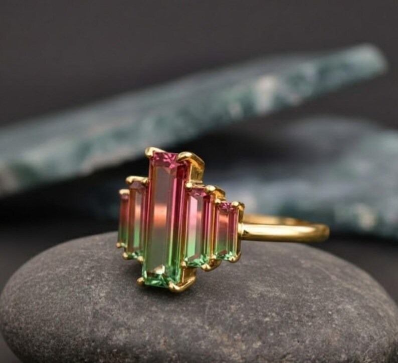 Vintage Baguette Cut Watermelon Tourmaline Wedding Ring, Pink & Green Gemstone Ring, Five Stone Engagement Ring, Anniversary Gift For Women