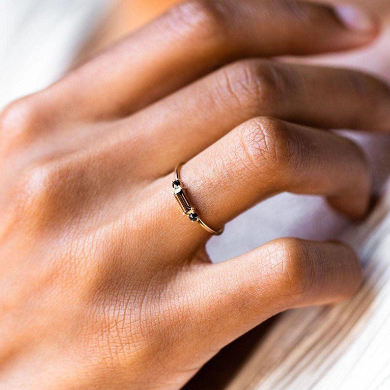 Delicate Minimalist Baguette cut Smoky Quartz Promise Bridal Ring, Vintage Solitaire Engagement Ring, Black Onyx Anniversary Gift For Women