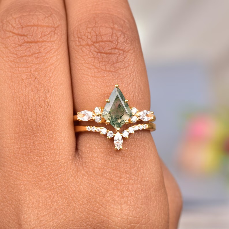 3pcs kite cut moss agate engagement ring set 14k rose gold art deco unique wedding bridal ring set moissanite ring for women fine jewelry