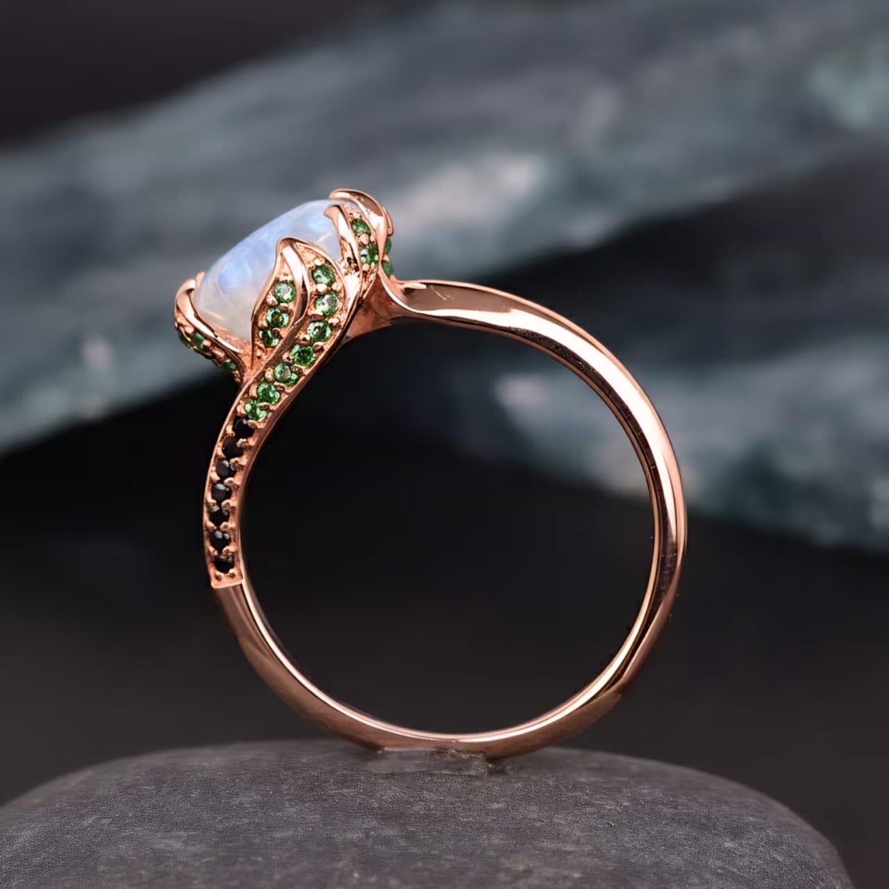 Natural Moonstone Ring, Round Cut Moonstone Engagement Ring with Green And Black Gemstone Accents, Unique Gold Ring, Nature Inspired Ring