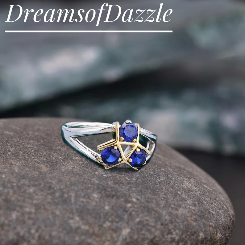 Triforce Zora's Sapphire Spiritual Stone Diamond Ring, 14K Gold Legend of Zelda Inspired Ring, Video Game Engagement Ring, 925 Sterling Ring