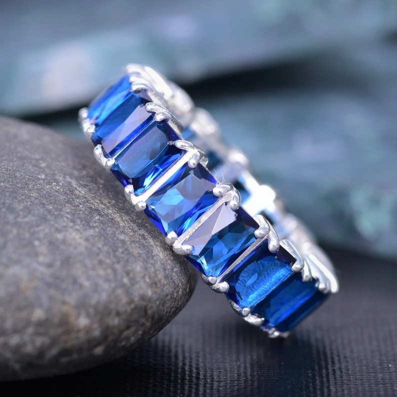 Full Eternity Stackable Band Lab Blue Sapphire Band CZ Solid 925 Sterling Silver Wedding Band, Eternity Band September Stone