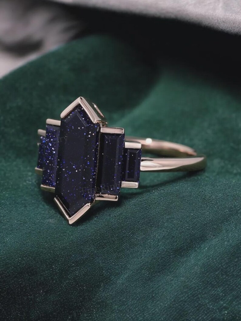Hexagon Cut Blue Sandstone Ring, Vintage Rose Gold Engagement Ring, Baguette Cut Galaxy Sandstone Ring, Bridal Anniversary Gift Ring for Her