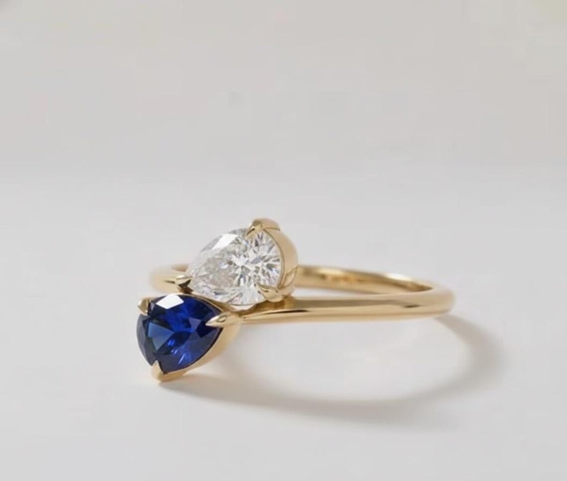 Vintage Toi Et Moi Engagement Ring, Blue Sapphire & Pear Moissanite Ring, 14k Gold Promise Ring, Two Stone Wedding Ring, Anniversary Gift
