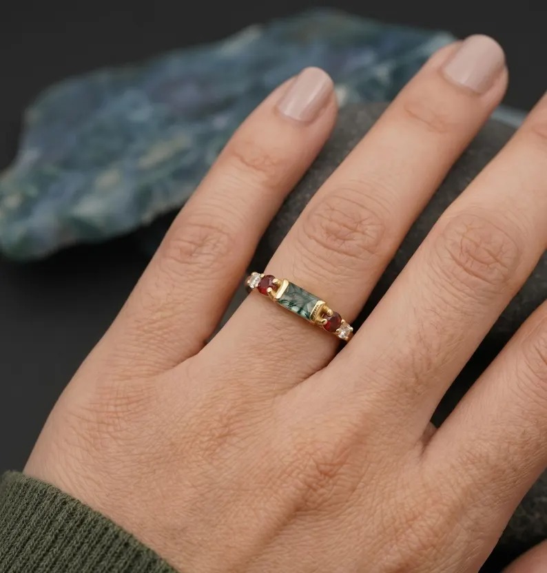 Moss Agate Garnet Ring-18k Gold Plated Vermeil Ring, Vintage Five Stone Band, Solitaire Jewelry, Dainty Diamond Cluster Ring, Christmas Gift