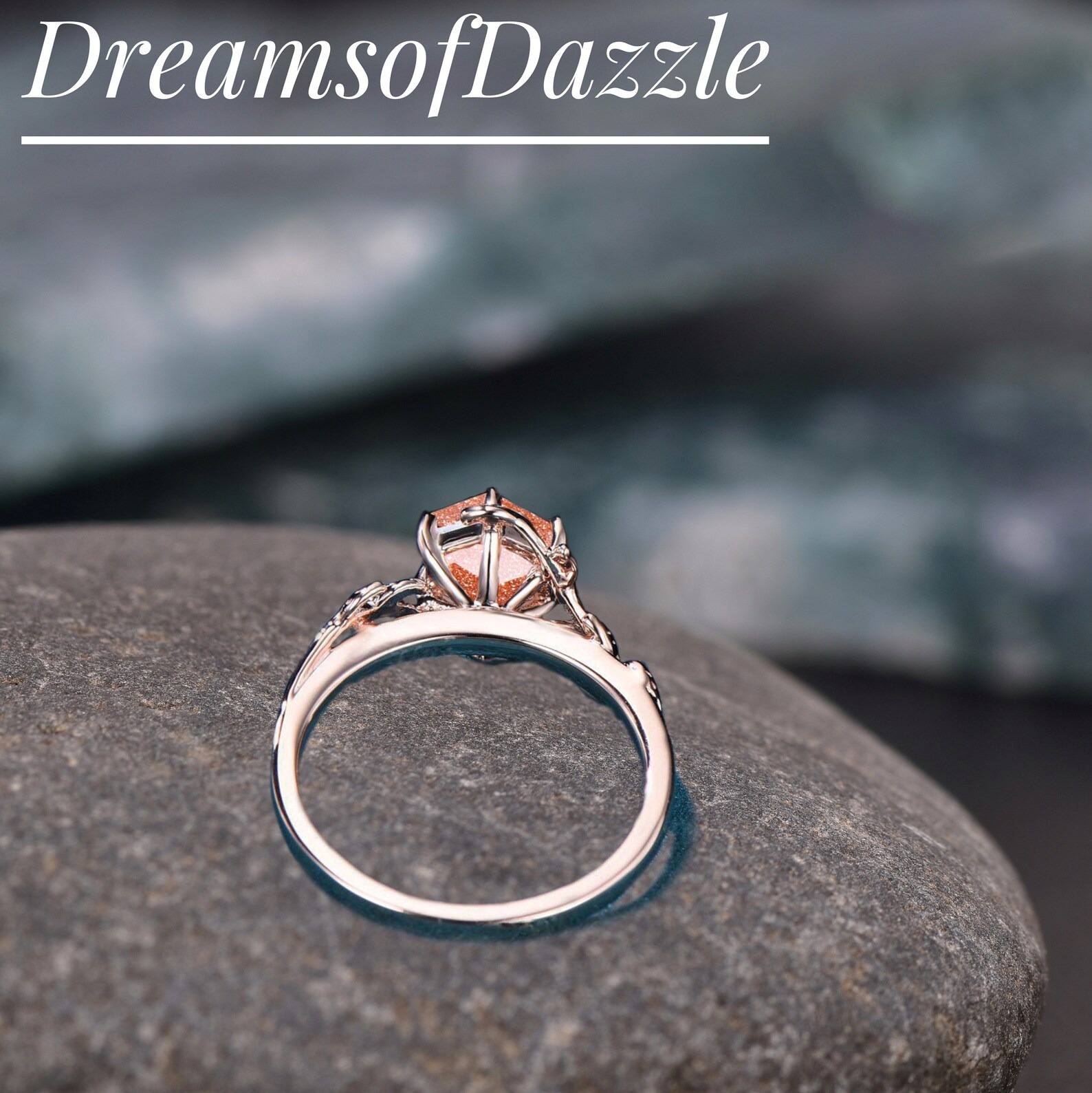 Hexagon Cut Natural Sunstone Engagement Ring, Solitaire Twig Sunstone Ring, Nature Inspired Branches Wedding Jewelry Gift For Her Girlfriend