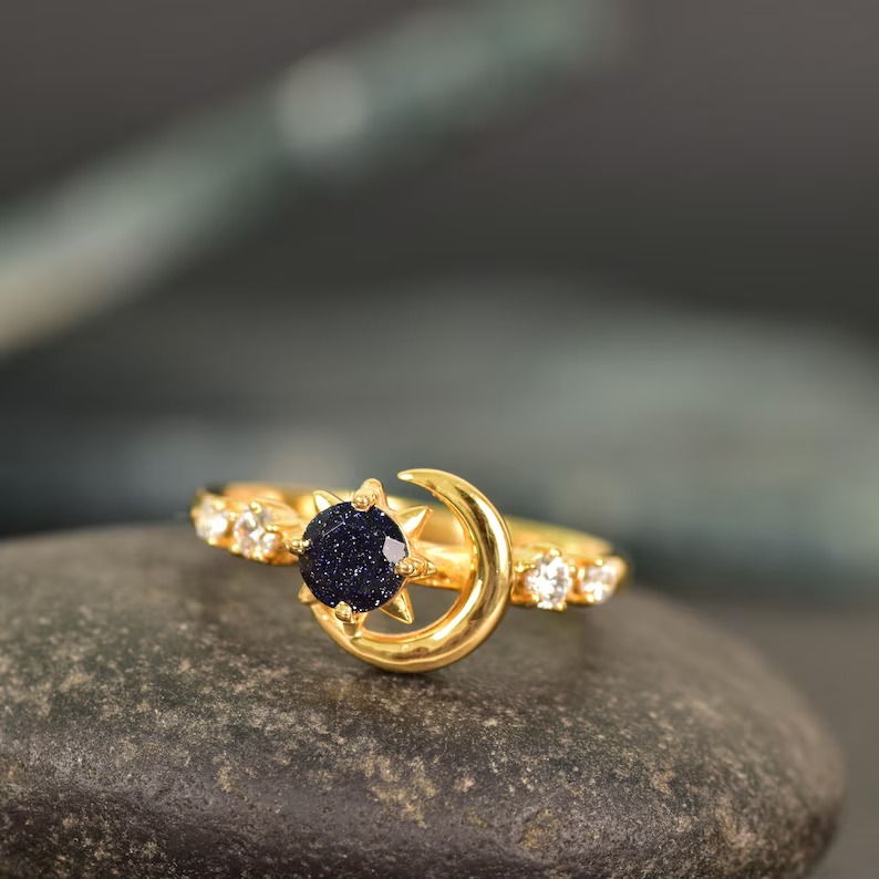 Nature Inspired Galaxy Blue Sandstone Engagement Ring, Moon Star Design Round Sandstone Ring, Starry Sky Goldstone Ring Promise Gift Ring