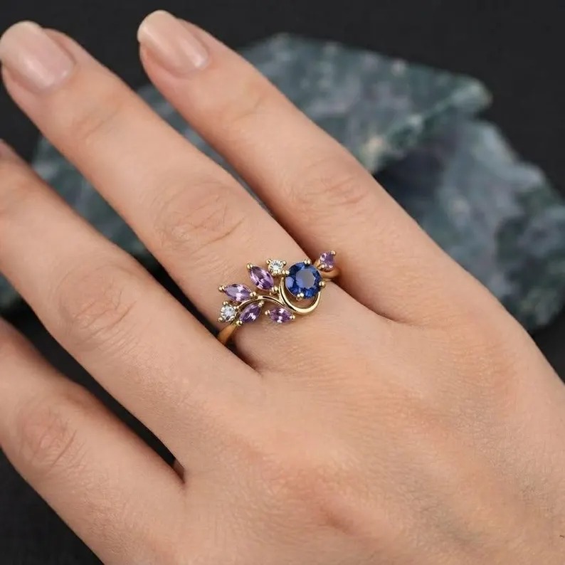 Blue Sapphire & Purple Amethyst Leaf Cluster Ring, Gold Statement Ring, Vintage Inspired Cocktail Ring, Boho Jewelry, Elegant Gift For Her
