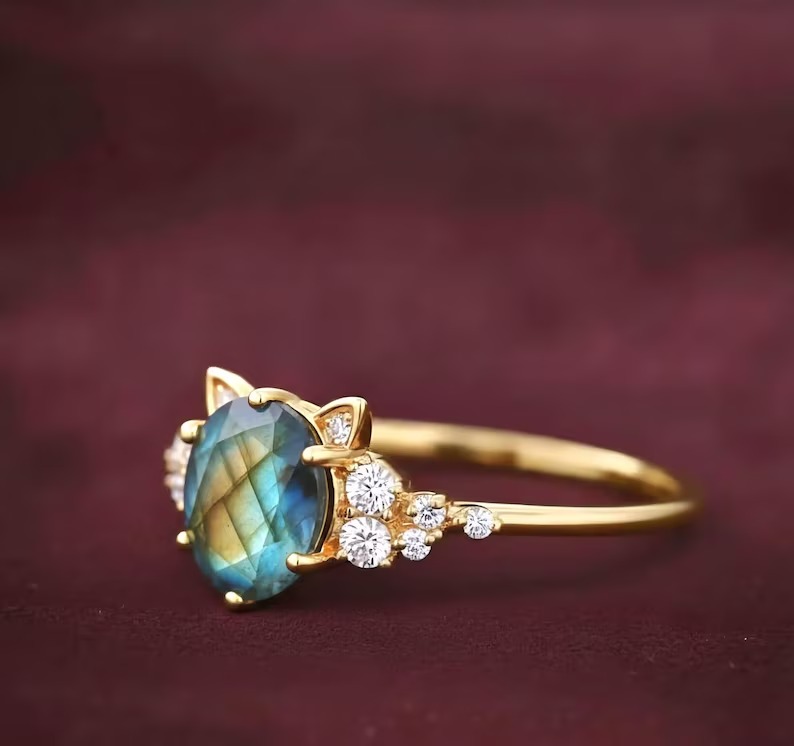Unique Cat Ring Blue Gemstone Rose Gold Ring, Unique Cat Lover Gift, Round Labradorite Gemstone Wedding Ring, Cat Ear Promise Ring for Her