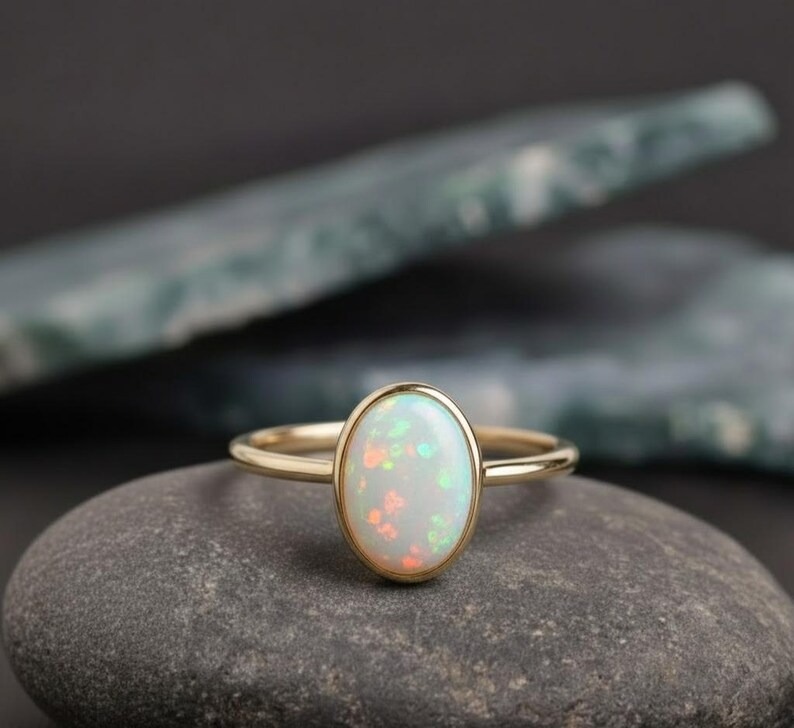 Oval Opal Ring-14k Solid Gold Ring, October Birthstone Ring, Oval Cut Natural Opal Anniversary Ring, Gift For Her, Matching Stackable Ring