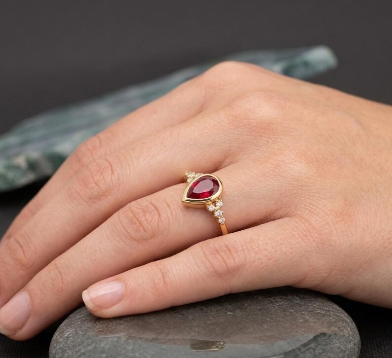 Pear Shape Ruby Ring Gold | Vintage Style Engagement Ring | Ruby Diamond Ring | Handmade Bridal Ring | Unique Teardrop Gemstone Jewelry Gift
