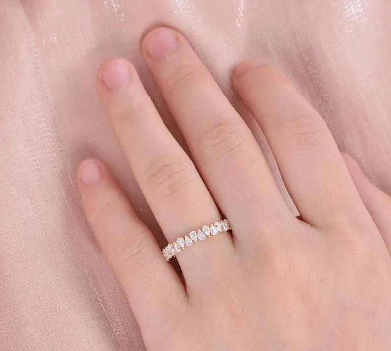 Pear Cut Moissanite Wedding Band, Vintage Full Eternity Stacking Gold Band, Minimalist Anniversary Band, Dainty Bridal Gold Vintage Jewelry