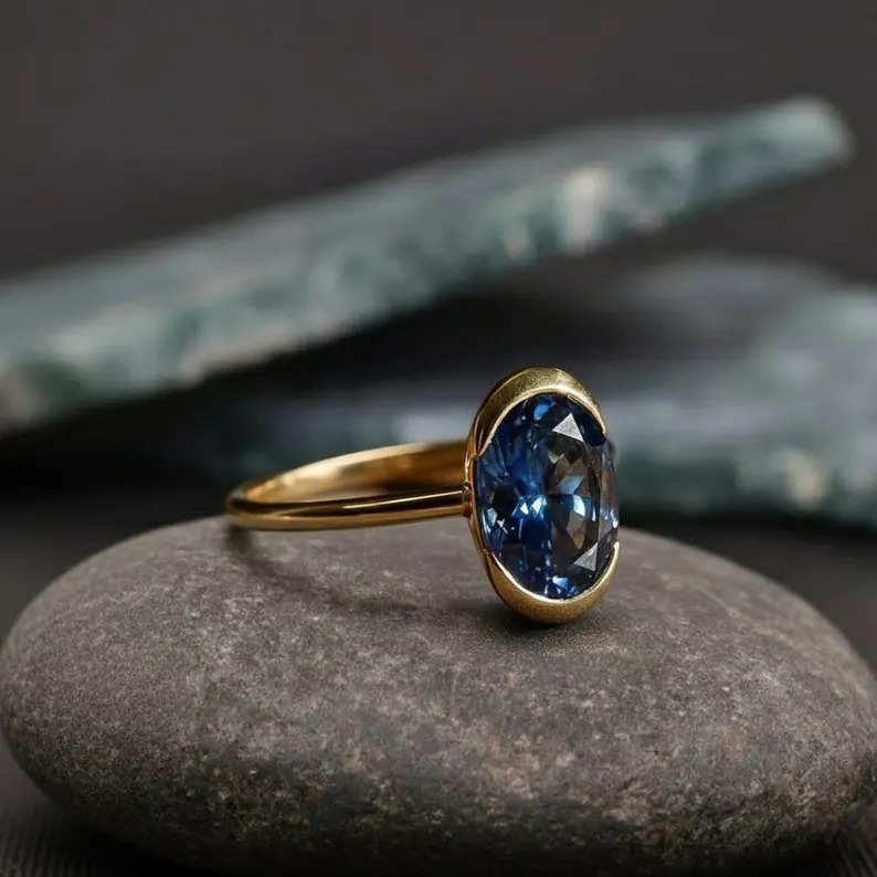3 CT Fancy Half Bezel Setting Oval Cut Sapphire Engagement Ring, Solitaire Oval Wedding Ring, Personalized Jewelry, Sapphire Gifts For Women