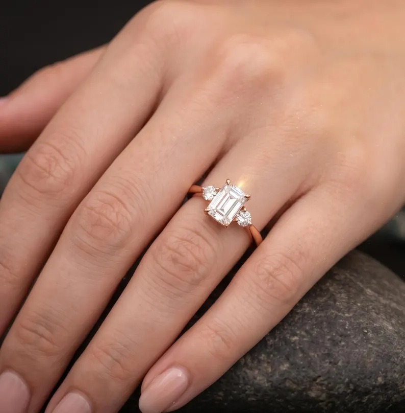 Emerald Cut Zirconia Ring, 14K/18K Gold or Silver Plated Engagement Ring for Women, 2.5CT Emerald Cut Moissanite Ring, Dainty Stacking Ring