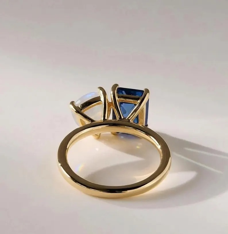 Toi Et Moi London Blue Topaz Engagement Ring, Topaz & Moonstone Wedding Ring, Antique Two Gemstone Bridal Ring,Anniversary Gift Ring For Her