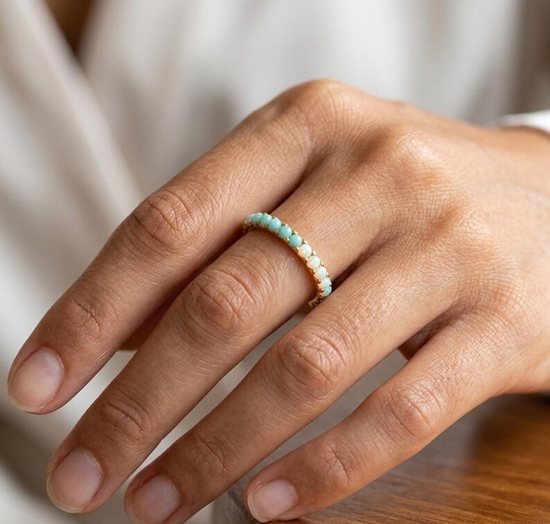 Vintage Solid Gold Full Eternity Band, Opal & Turquoise Solitaire Wedding Band, Anniversary Gift For Wife, Round Natural Gemstone Ring