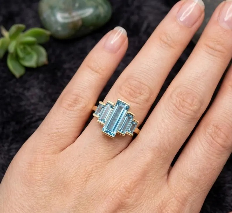 Gold Aquamarine Ring, 14K Gold Baguette Cut Aquamarine Ring, 925 Sterling Silver, Blue Gemstone Ring, Promise Wedding Ring, Gift For Women