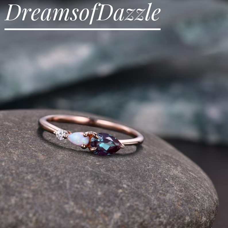 Vintage Alexandrite Opal Engagement Ring, Pear Cut Gems Art Deco Moissanite Wedding Band, Personalized Anniversary Gift Ring For Wife