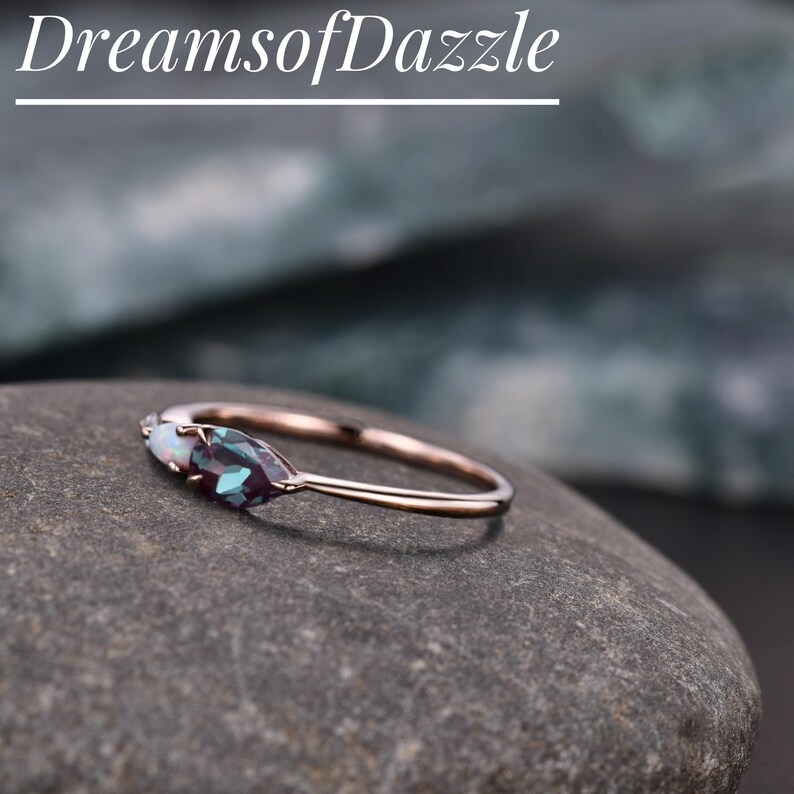 Vintage Alexandrite Opal Engagement Ring, Pear Cut Gems Art Deco Moissanite Wedding Band, Personalized Anniversary Gift Ring For Wife