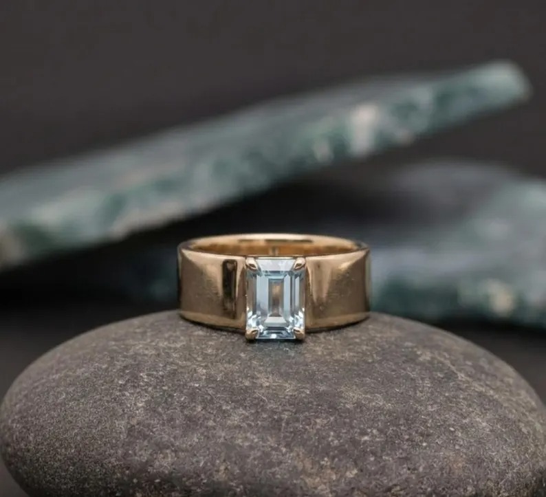 Emerald Cut Aquamarine Ring, Vintage 14k Solid Gold Anniversary Ring, March Birthstone Gifts Women, Aquamarine Engagement Ring For Her