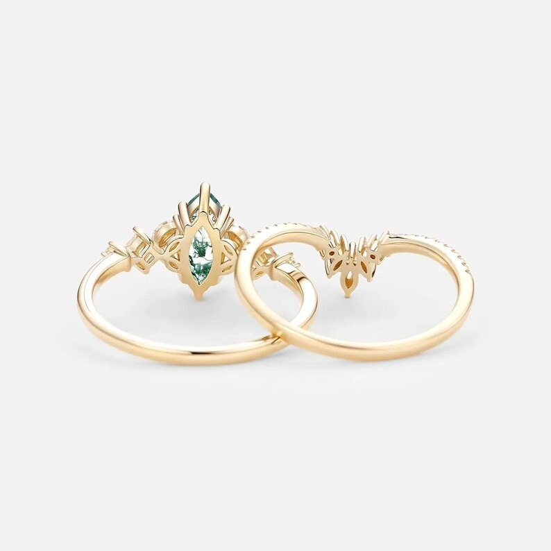 Marquise Cut Moss Agate Engagement Ring Set, Vintage Cluster Curved Moissanite Wedding Ring, Nature Inspired Anniversary Ring Set For Women