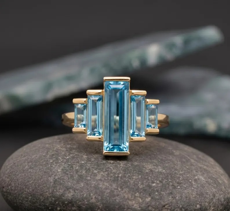 Gold Aquamarine Ring, 14K Gold Baguette Cut Aquamarine Ring, 925 Sterling Silver, Blue Gemstone Ring, Promise Wedding Ring, Gift For Women